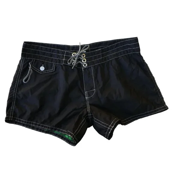 Birdwell Birdie Beach Britches Black Board Shorts White Stitching Nylon USA 6
